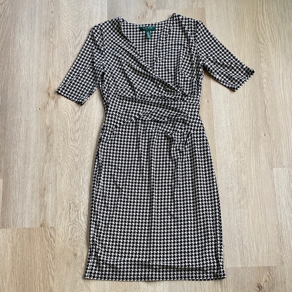 Lauren Ralph Lauren Houndstooth Faux Wrap Dress Black White Career Office Midi - Picture 2 of 11
